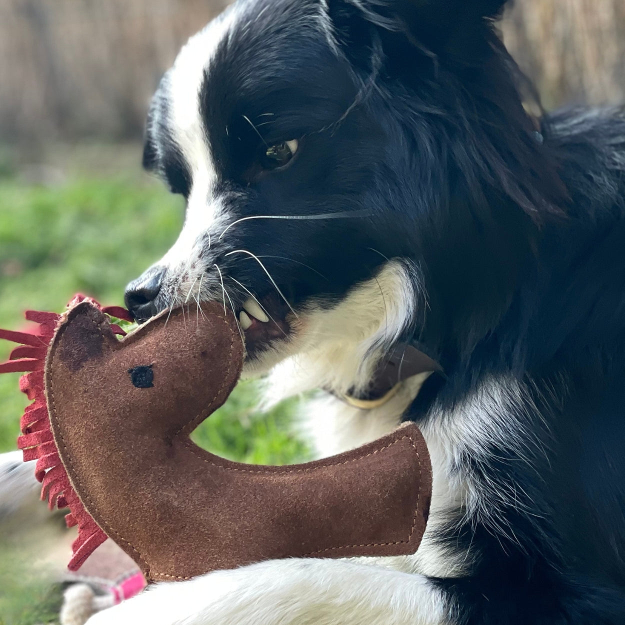 A second view of Patsy the Pony Dog Toy by Georgie Paws, a tan suede pony-shaped toy with a rope tail.
