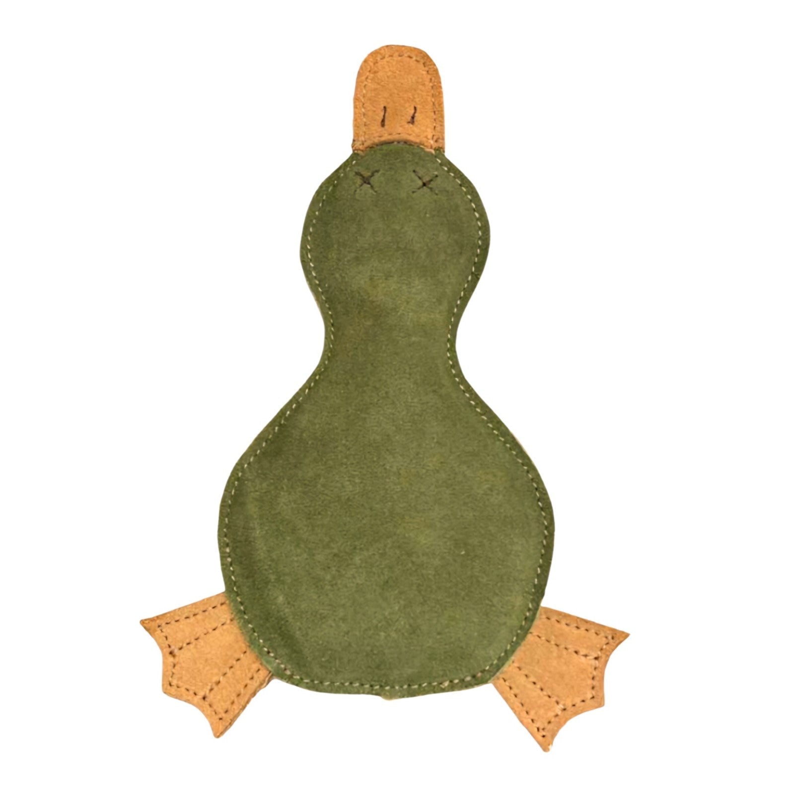 Paul the Platypus - Chive by Georgie Paws is a flat, green plush platypus toy crafted from sustainable materials. It features tan fabric feet and beak, visible edge stitching, and two X-shaped stitches for closed eyes. With its simple, cartoonish design and minimal details, this toy is completely plastic-free.