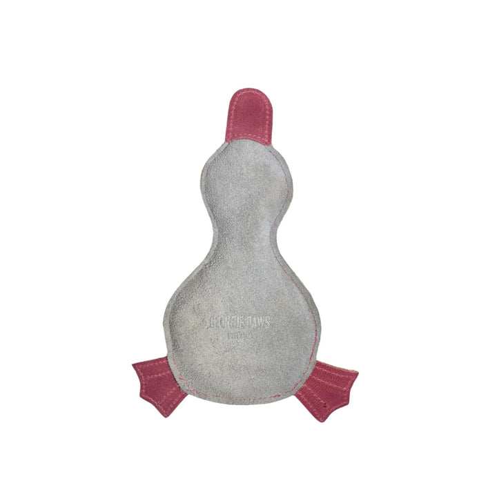 Paul the Platypus by Georgie Paws is a sustainable dog toy in navy suede with pink flippers, tail, and head. It features flat, stylized wings and tail on a rounded body. Toy is photographed on a plain white background with no facial features.