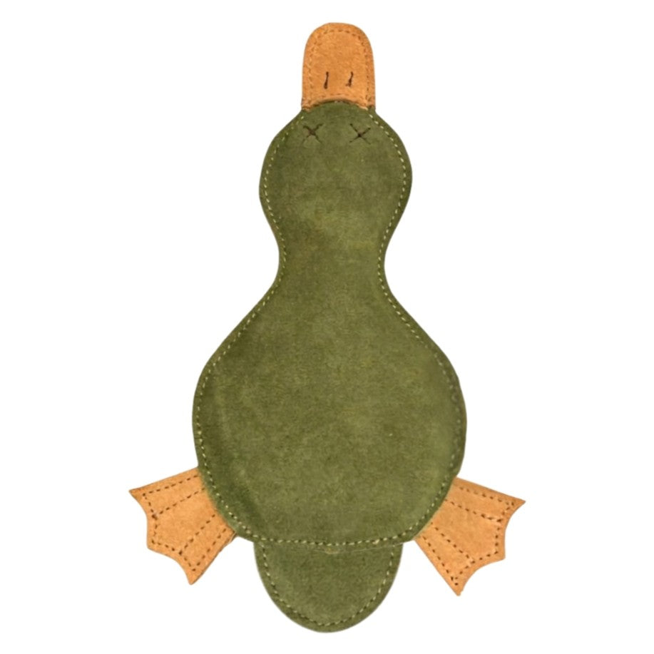 Paul the Platypus - Chive by Georgie Paws is an eco-friendly, plush dog toy in green with brown beak, wings, and webbed feet. Black X-stitched eyes give it a playful cartoon look your pup will love.