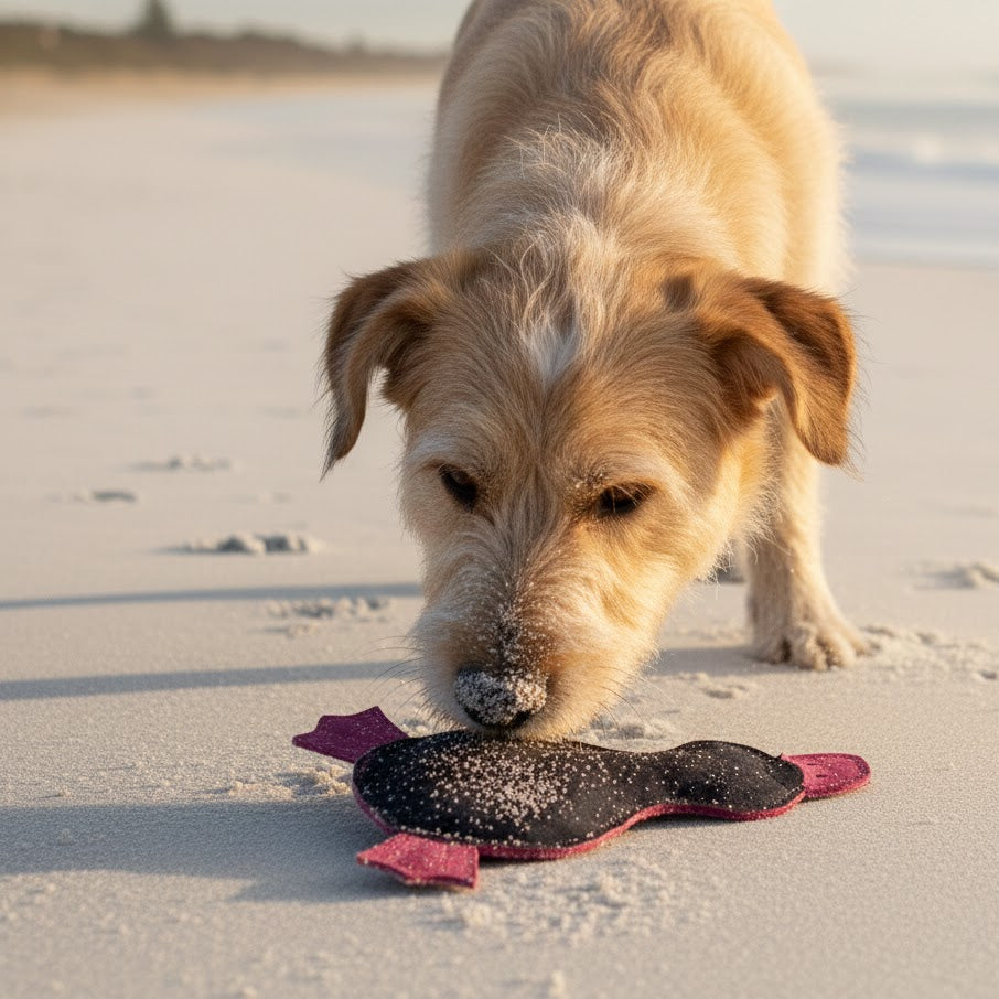 A light brown, scruffy dog sniffs Georgie Paws’ Paul the Platypus navy sustainable dog toy on a sandy beach. Sand dusts the dog’s nose as sunlight bathes the scene and blurred waves roll in behind.