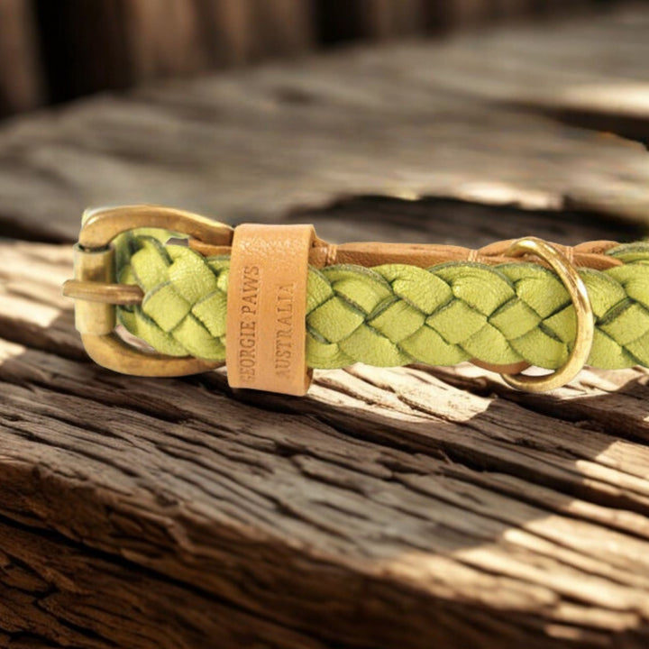 A close-up of the Georgie Paws Windsor Collar - Pear Green, featuring hand-plaited detail with a brass buckle and ring, lies on weathered wood. A tan leather tag embossed "GEORGIE PAWS AUSTRALIA" is looped near the buckle.