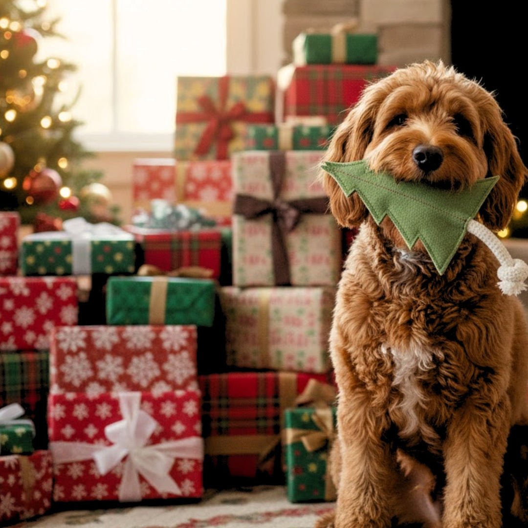 A fluffy brown dog sits indoors by a festive tree and wrapped gifts, holding the Georgie Paws Pine Tree Dog Toy. Warm lighting and colorful presents create a cozy holiday atmosphere.