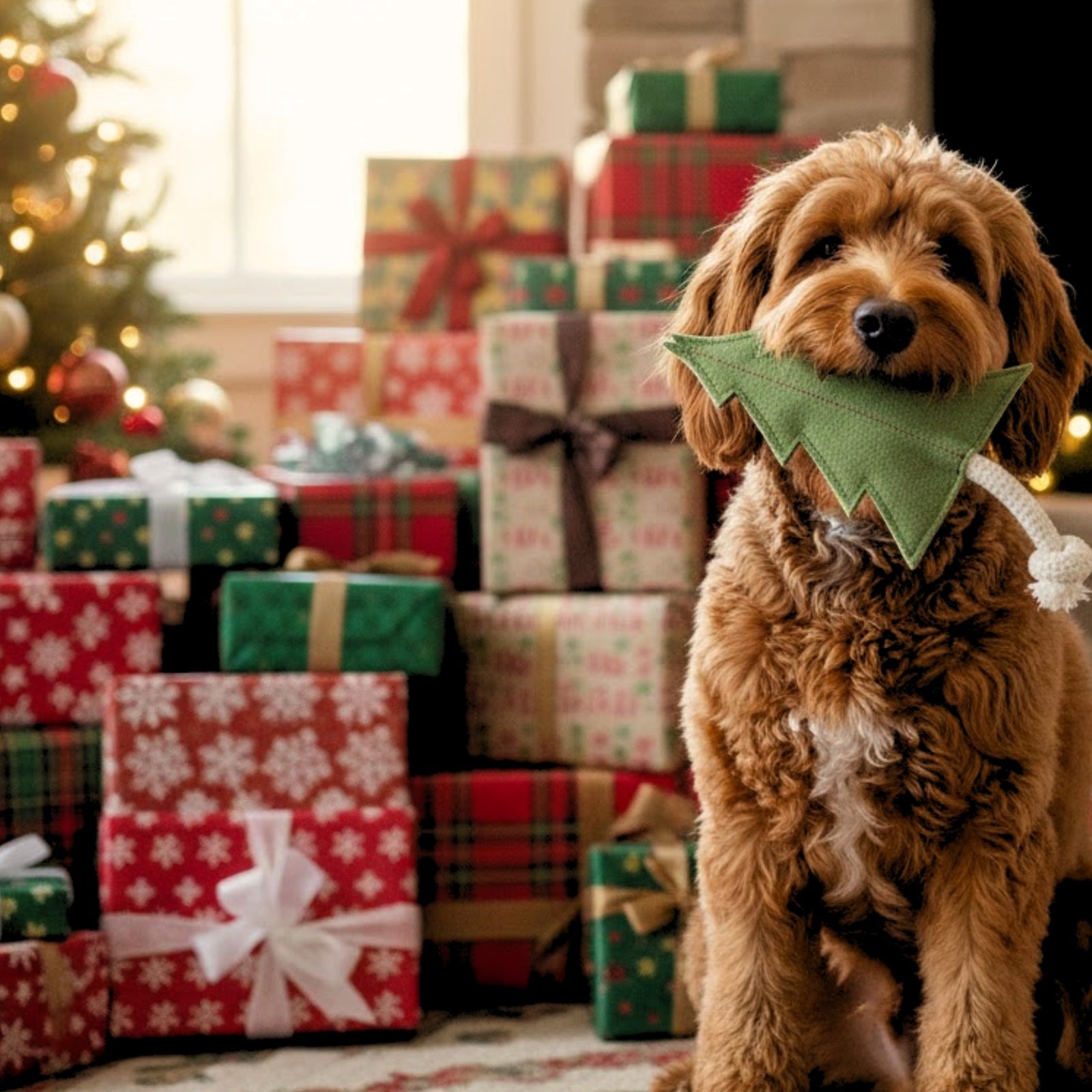 A fluffy brown dog sits indoors by a festive tree and wrapped gifts, holding the Georgie Paws Pine Tree Dog Toy. Warm lighting and colorful presents create a cozy holiday atmosphere.