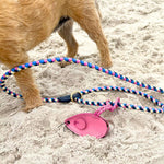 A dog's Georgie Paws pink Mouse Poobag Dispenser partially buried in the sand, with a buffalo leather collar attached and the animal partly visible, suggesting a playful beach day with a pet enjoying some off-leash freedom.