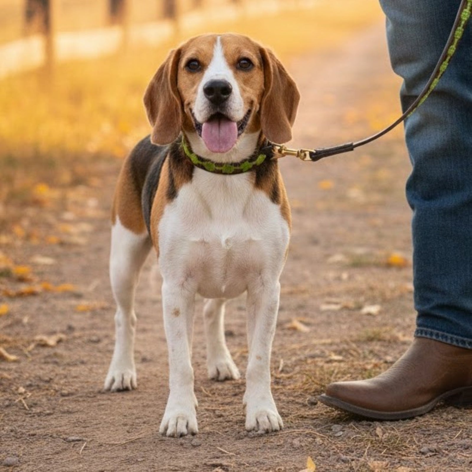 A beagle with a black, brown, and white coat stands on a dirt path facing forward and panting. The dog is on the "Polo Bark Lead - Grass" by Georgie Paws, held by a person wearing blue jeans and brown boots. Autumn leaves are scattered across the softly blurred background, creating a natural setting.