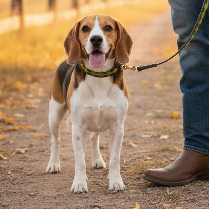 A beagle with a black, brown, and white coat stands on a dirt path facing forward and panting. The dog is on the "Polo Bark Lead - Grass" by Georgie Paws, held by a person wearing blue jeans and brown boots. Autumn leaves are scattered across the softly blurred background, creating a natural setting.