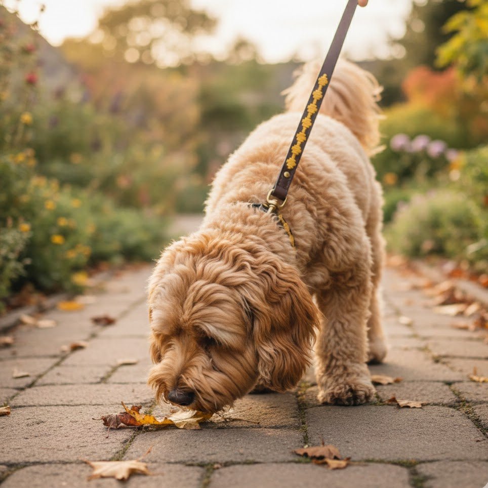 Certainly! Here’s the rewritten sentence using your product data: A fluffy, light brown dog on a leash sniffs fallen autumn leaves on a paved garden path. The background is softly blurred, showcasing green and yellow foliage with hints of flowers, suggesting a calm, early fall day. The dog’s leash is the Polo Bark Lead - Wheat from Georgie Paws, crafted from natural vegetable tanned buffalo leather.