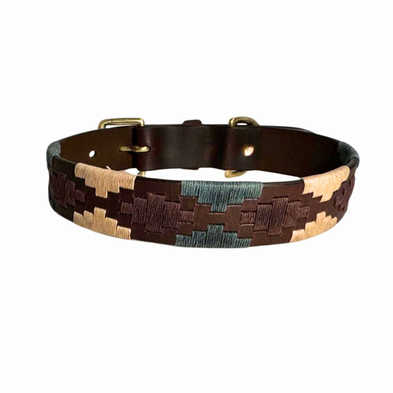 The Polo Collar - Dean by Georgie Paws is a handmade brown dog collar crafted from natural vegetable tanned buffalo leather, featuring a gold buckle and adorned with an embroidered geometric pattern in beige, light blue, and dark brown threads. Thick and sturdy, this collar is displayed against a white background.