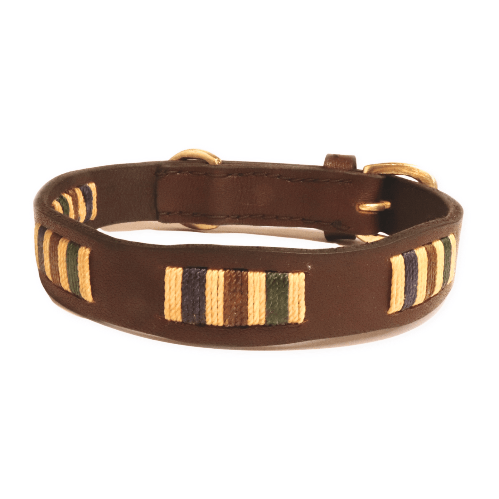 Presenting the Polo Collar - Jinky by Georgie Paws: a natural brown leather accessory adorned with stitched rectangular patterns in yellow, black, and green thread, featuring two gold rings as fasteners and displayed against a white background.