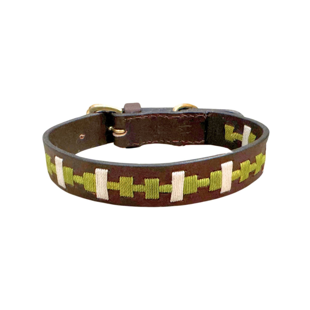 The Polo Collar - Lokki Green by Georgie Paws is a sustainable, plastic-free dog collar handcrafted from brown leather. It features alternating green and cream vertical stitched geometric patterns along the band, gold-toned metal hardware, and a secure buckle clasp. This stylish accessory stands out with its eco-friendly design against a simple white background.