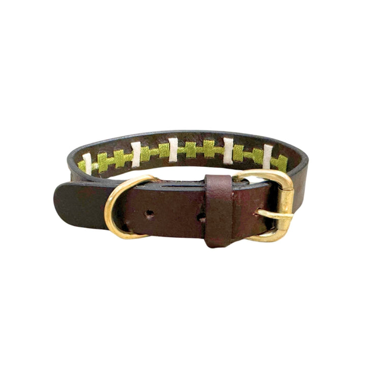 Introducing the Georgie Paws Polo Collar - Lokki Green: a dark brown leather dog collar featuring a brass buckle and ring, handcrafted with green and white crosshatch decorative stitching along the outer edge. The product is displayed on a plain white background.