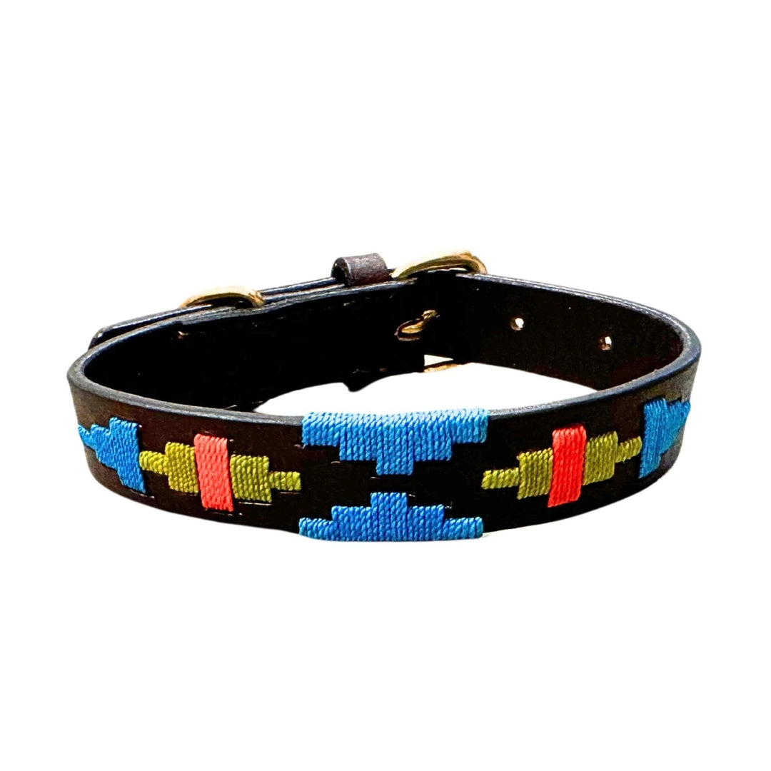 The Percy Polo Collar by Georgie Paws is crafted from vegetable tanned black buffalo leather and features blue, red, and yellow geometric embroidery with repeating zigzag and bar patterns. It includes small holes for adjustment, metallic hardware such as a buckle, and is displayed against a plain white background.
