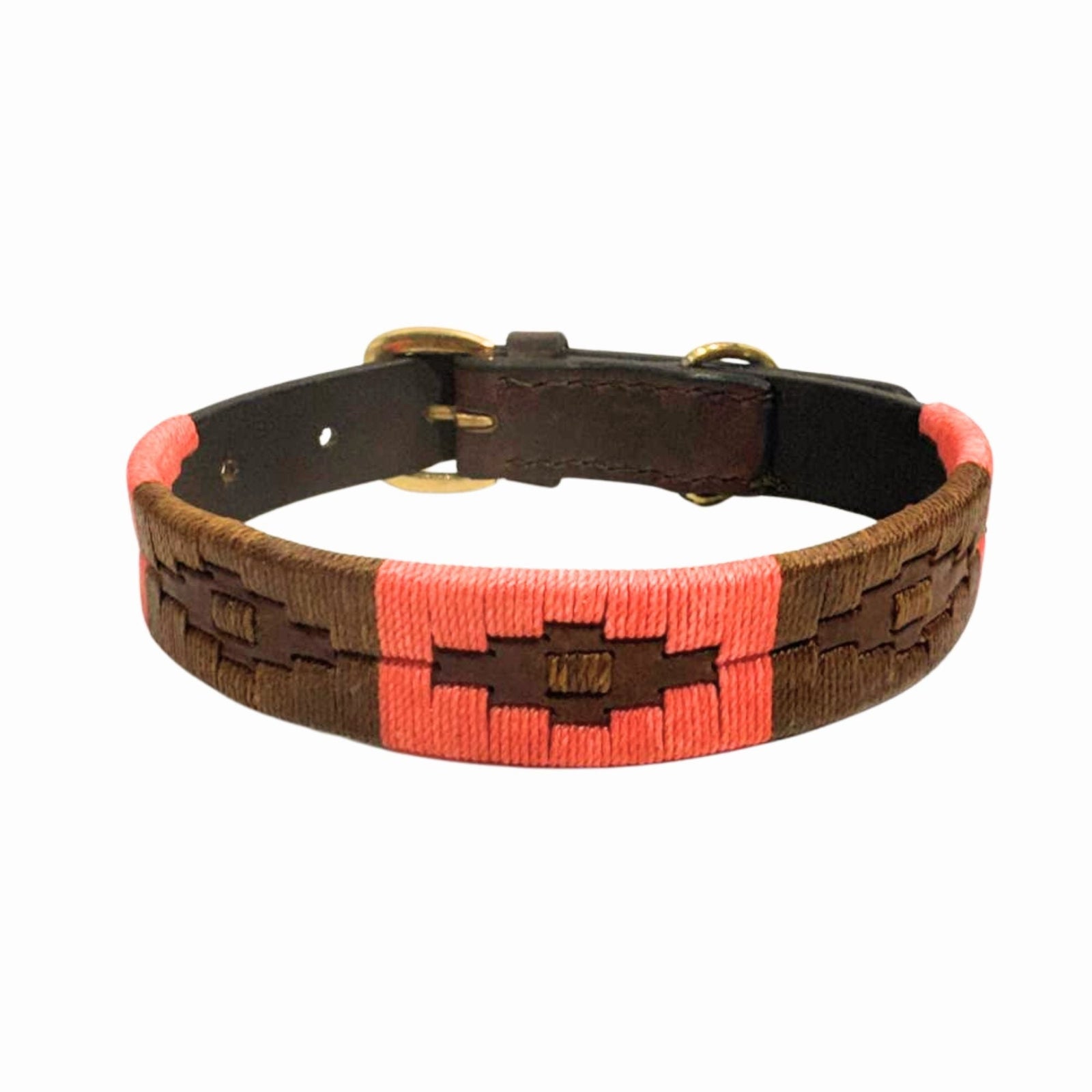 The Polo Collar - Poppy from Georgie Paws features alternating pink and brown woven geometric patterns on a vegetable tanned buffalo leather base. It is finished with brass hardware, including a buckle and D-ring, and has two fastening holes. The collar is shown against a plain white background.