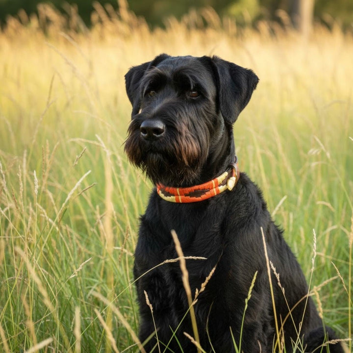 A black dog with a wiry coat sits alertly in tall green grass, wearing the Georgie Paws Polo Lead - Angus—a red patterned collar crafted from sustainable vegetable tanned buffalo leather. The background features a sunlit, blurred field with yellow tones and hints of trees, evoking a bright day outdoors.