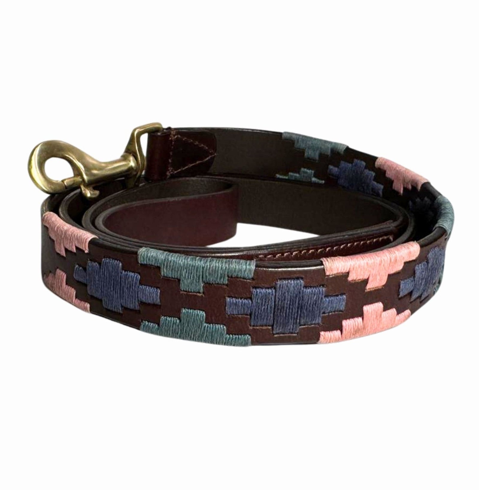 Introducing the Polo Lead - Annabel by Georgie Paws: a handmade rolled leather dog leash featuring a brass clasp, adorned with geometric hand-stitched patterns in blue, pink, and green thread on rich dark brown leather. The end of the leash is neatly folded and sewn at the clasp for added durability.