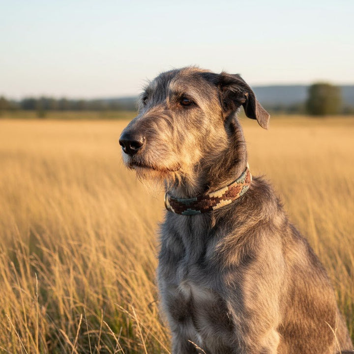 A scruffy gray Irish Wolfhound dog sits in a golden grassy field under soft sunlight, wearing the Georgie Paws Polo Collar - Dean. The background features blurred grass, a tree, and distant hills beneath a clear sky.