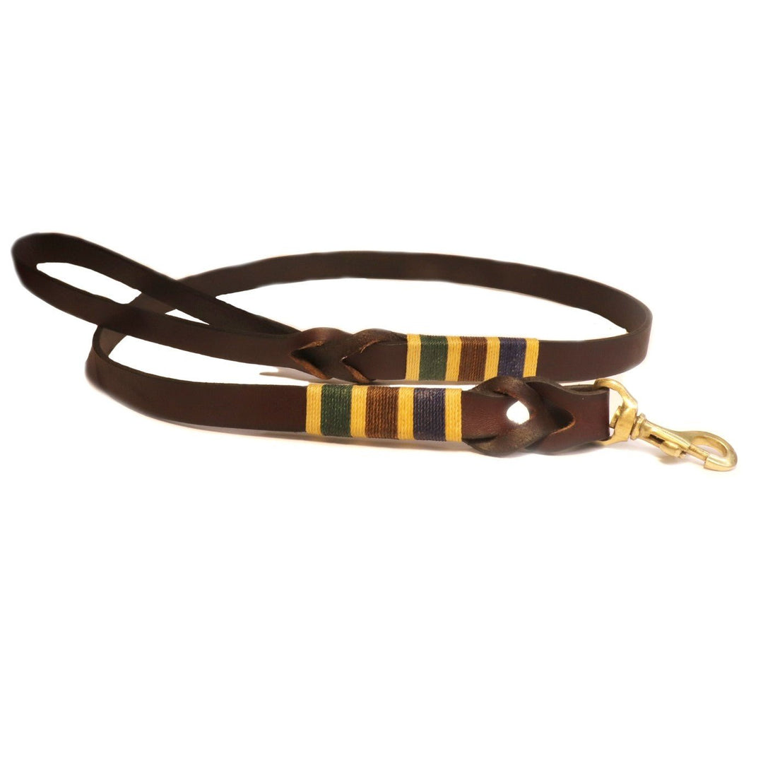 The Polo Lead - Jinky by Georgie Paws is a brown, natural vegetable tanned buffalo leather dog leash with a loop handle and gold metal clasp. Decorative yellow, green, and purple thread is wrapped in three bands near the clasp, adding a colorful accent. The smooth leather leash is shown laid flat in a loose oval shape.