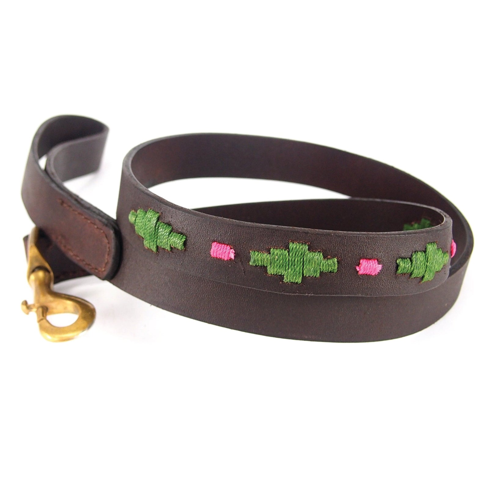 The Polo Lead - Myrtle by Georgie Paws is a sturdy, handmade dark brown leather dog leash with a brass clasp. Decorative green and pink geometric embroidery runs along its length, adding a unique touch to this functional accessory.