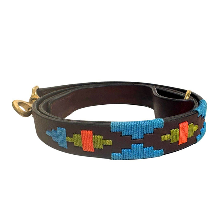 Introducing the Polo Lead - Percy by Georgie Paws: a coiled, dark brown vegetable-tanned buffalo leather lead adorned with vibrant blue, green, red, and orange geometric stitched patterns. Featuring a brass clasp and ring, this artisanal design showcases detailed, colorful embroidery running along its length for a distinctive handmade appeal.