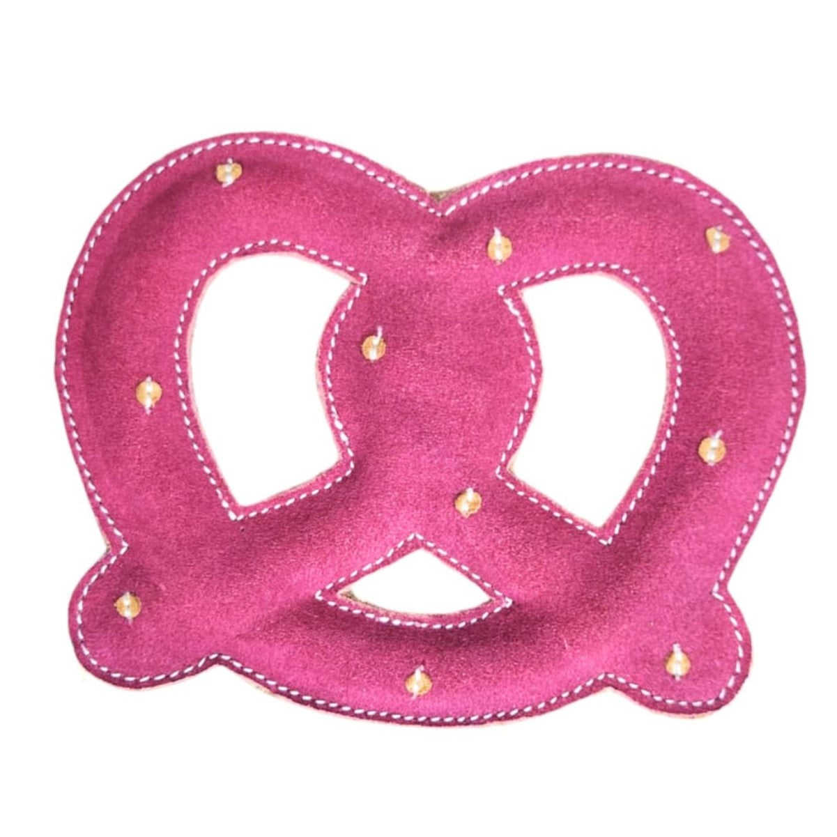 Peter the Pink Pretzel by Georgie Paws is made of pink felt with small beige knots. It features white stitching along the edges, enhancing contrast and detail. The soft fabric, resembling buffalo suede, gives it a plush feel similar to a stylized traditional pretzel.