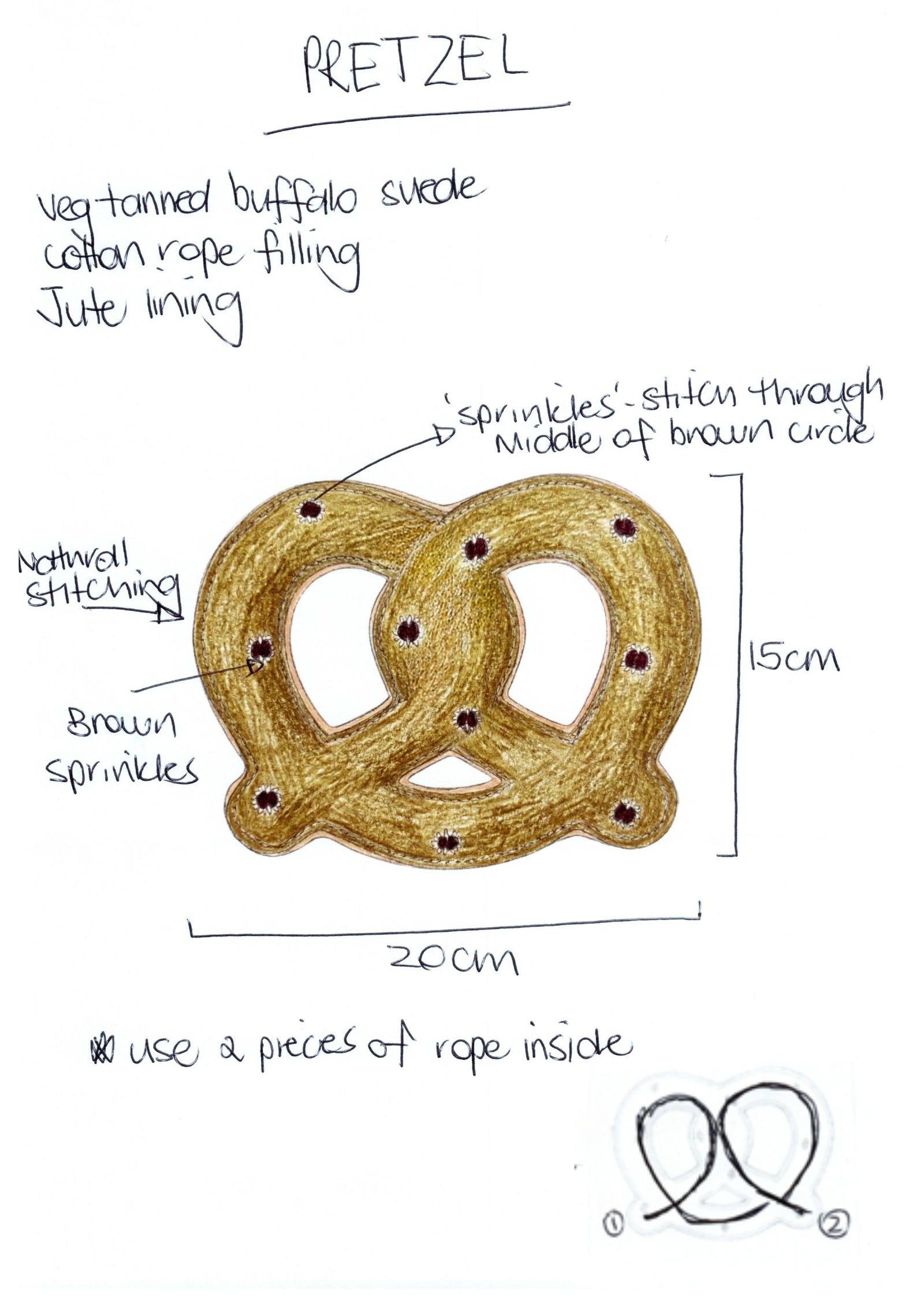 A hand-drawn diagram of Georgie Paws’ “Peter the Green Pretzel Dog Tug Toy” shows notes: veg-tanned buffalo suede, cotton rope filling, jute lining, brown stitched dot sprinkles, 15cm x 20cm size, plus a sketch of the rope interior.