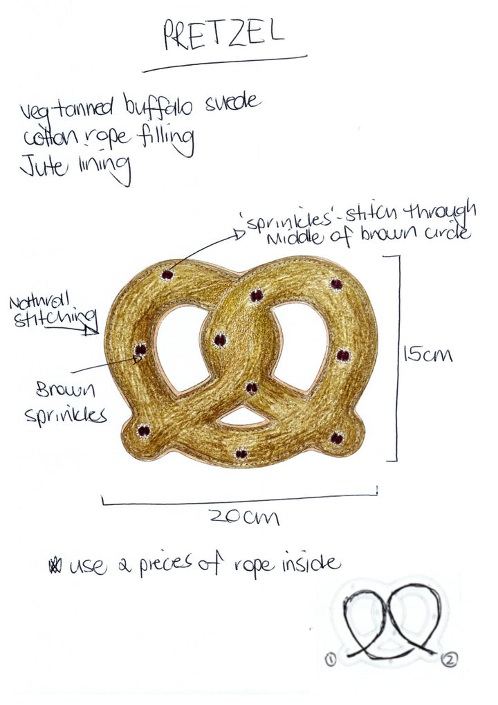 A hand-drawn diagram of Georgie Paws’ “Peter the Green Pretzel Dog Tug Toy” shows notes: veg-tanned buffalo suede, cotton rope filling, jute lining, brown stitched dot sprinkles, 15cm x 20cm size, plus a sketch of the rope interior.