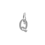 The Georgie Paws Initials - Collar Charms feature a silver stainless steel “Q” charm with an engraved paw print, attached to a circular jump ring—an ideal dog gift.
