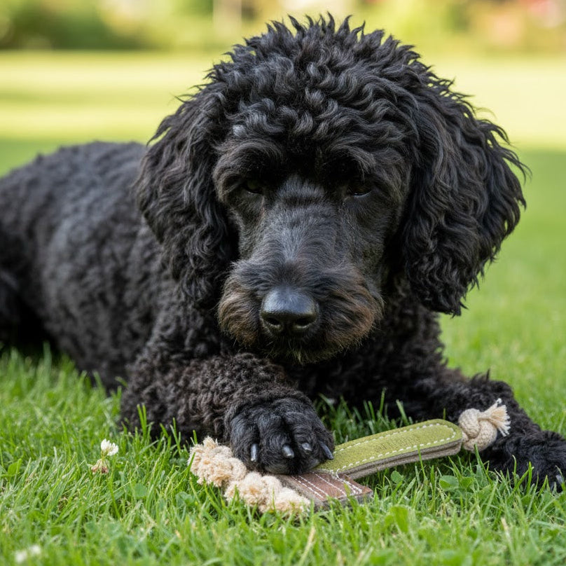 A curly-haired black dog lies on green grass, holding the Georgie Paws Ready Rake Dog Toy between its front paws. The sunny background is blurred, showing grassy areas and hints of trees or bushes.