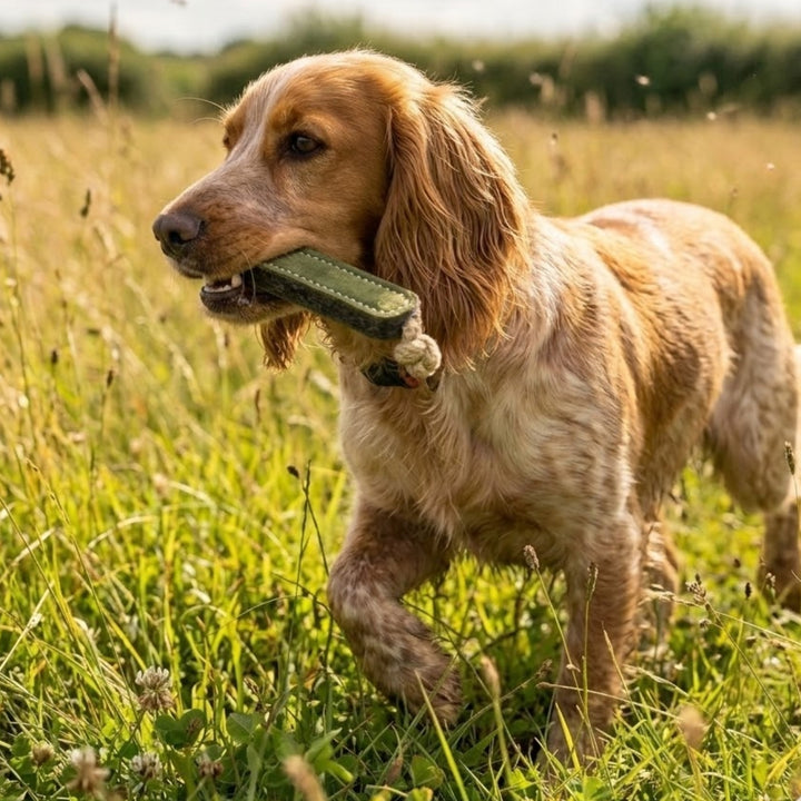 A golden-brown spaniel stands in a sunny grassy field, holding the Georgie Paws Ready Rake Dog Toy in its mouth. The dog looks alert and focused, ears flopped and one paw slightly raised as it walks through the tall grass.