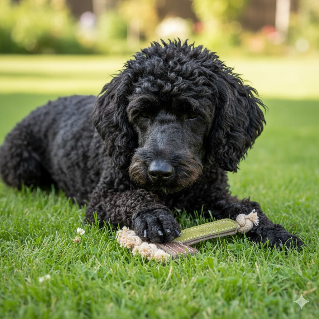 A second view of the Ready Rake Dog Toy by Georgie Paws, a garden-rake-shaped plush toy with tassels and a rope knot.