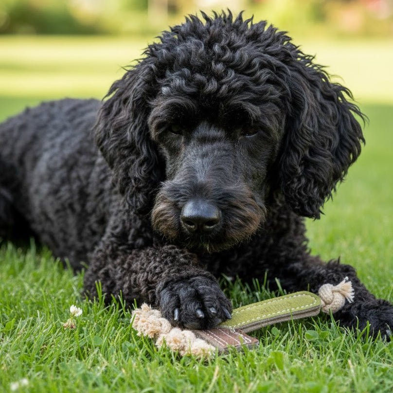 A curly-haired black dog lies on green grass, holding the Georgie Paws Ready Rake - Dog Toy—a sustainable, handmade rope and leather chew toy—under its paw. The background is out of focus, revealing more grass and some greenery.