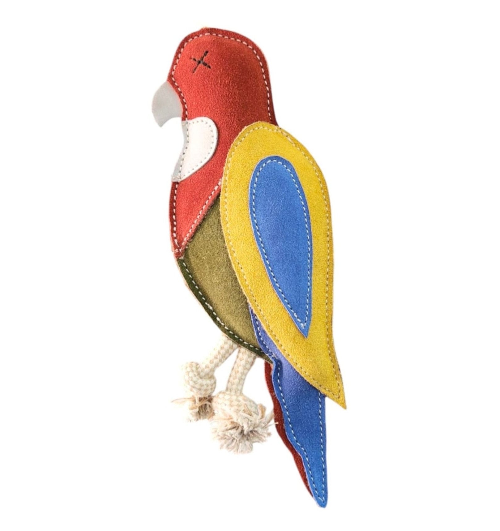 Rick the Rosella by Georgie Paws is a plush parrot toy featuring a red head, white beak with "X" eyes, yellow and blue wings, green body, blue tail, and two knotted rope legs. Made with natural materials and visible stitching.