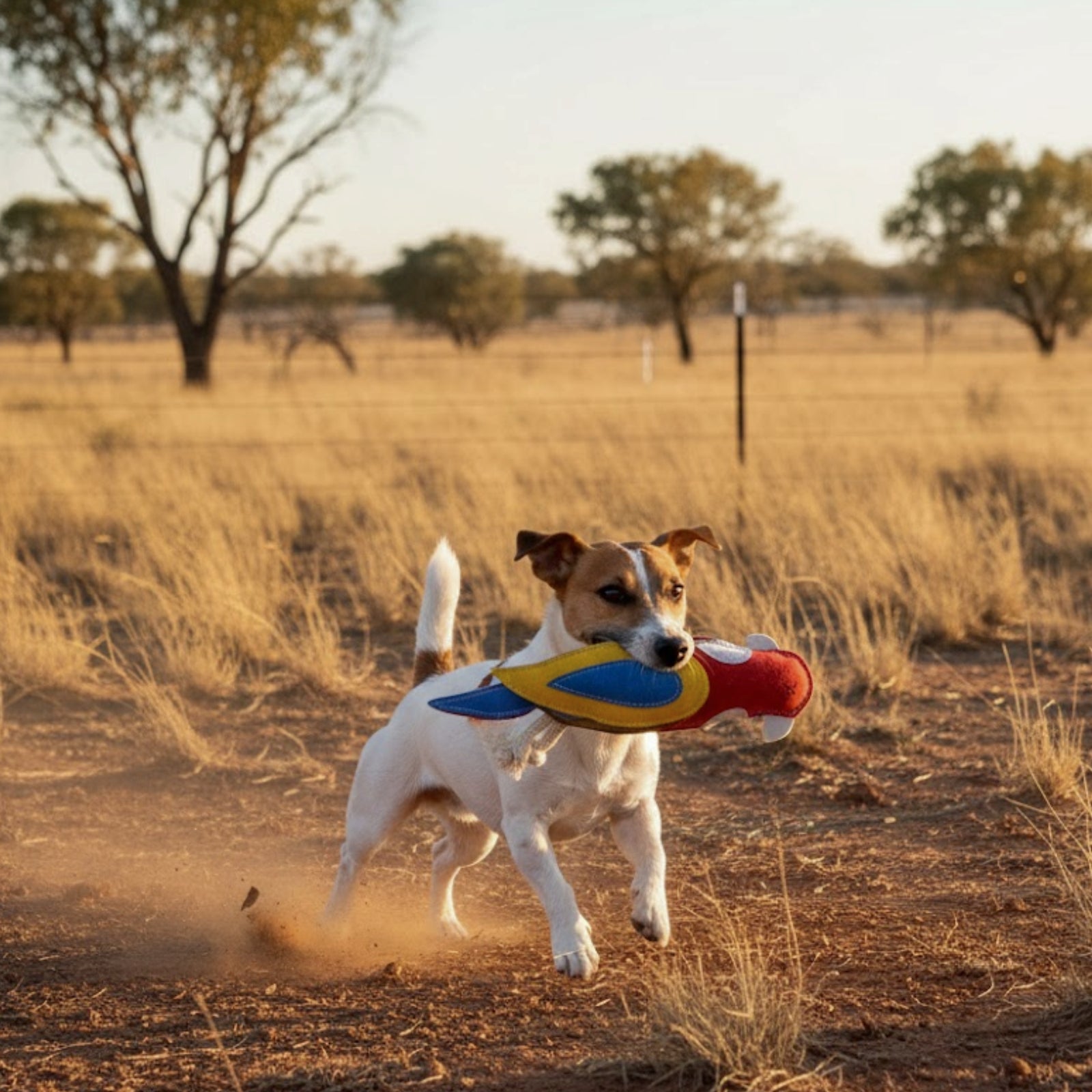 A small white and brown dog runs on dry reddish dirt, kicking up dust with the Georgie Paws Rick the Rosella eco-friendly dog toy in its mouth. Yellow grass and scattered trees stand behind a wire fence under a clear sky.