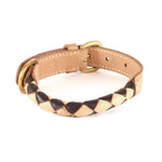 A Rocket Collar chicory+natural collar with a combination of black, tan, and white segments, secured by a golden buckle, against a white background by Georgie Paws.