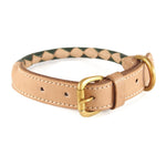 A Rocket Collar chive + natural made by Georgie Paws with a diamond-patterned inner lining, featuring gold-tone antique brass hardware and d-ring, likely designed for a small to medium-sized dog.