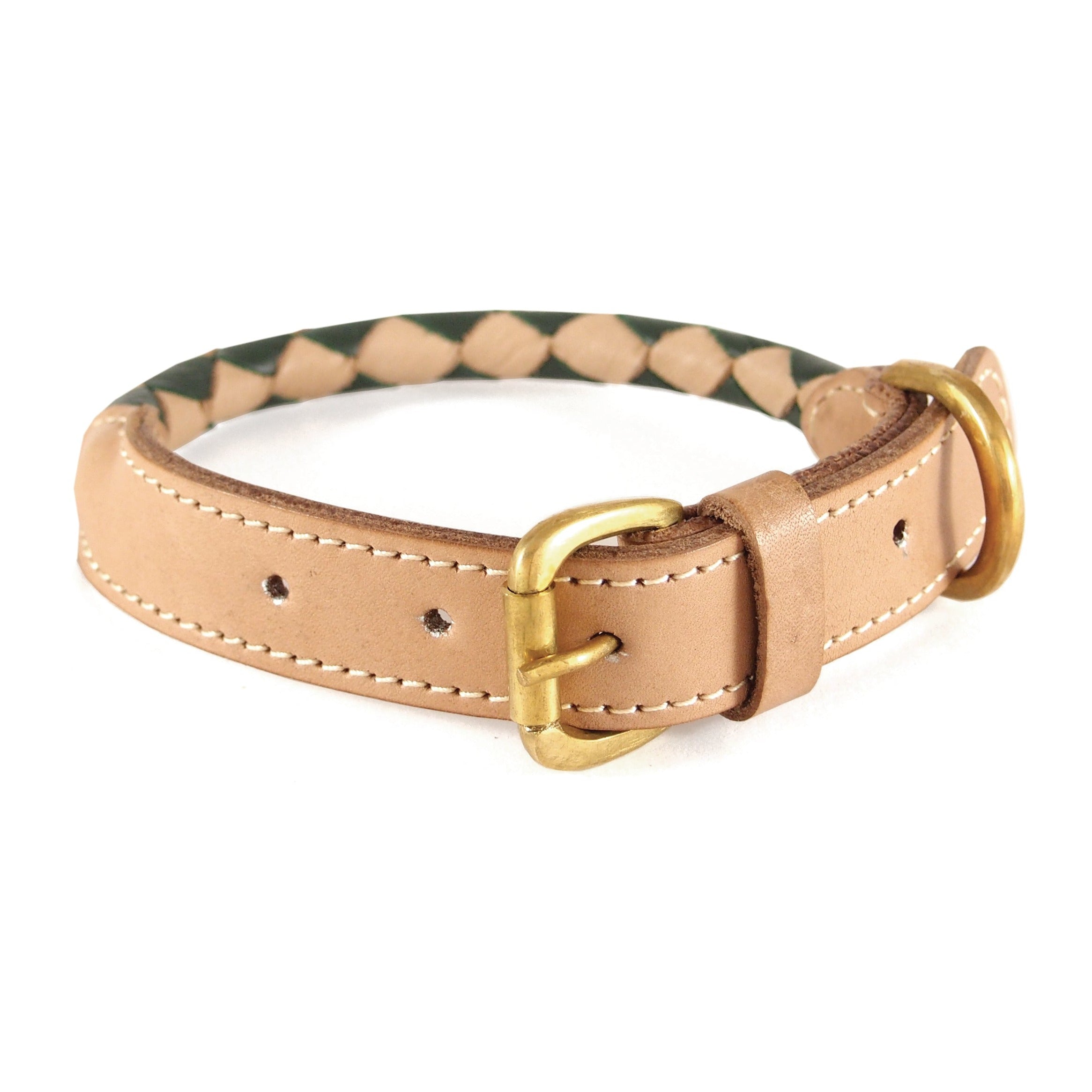 A Rocket Collar chive + natural made by Georgie Paws with a diamond-patterned inner lining, featuring gold-tone antique brass hardware and d-ring, likely designed for a small to medium-sized dog.
