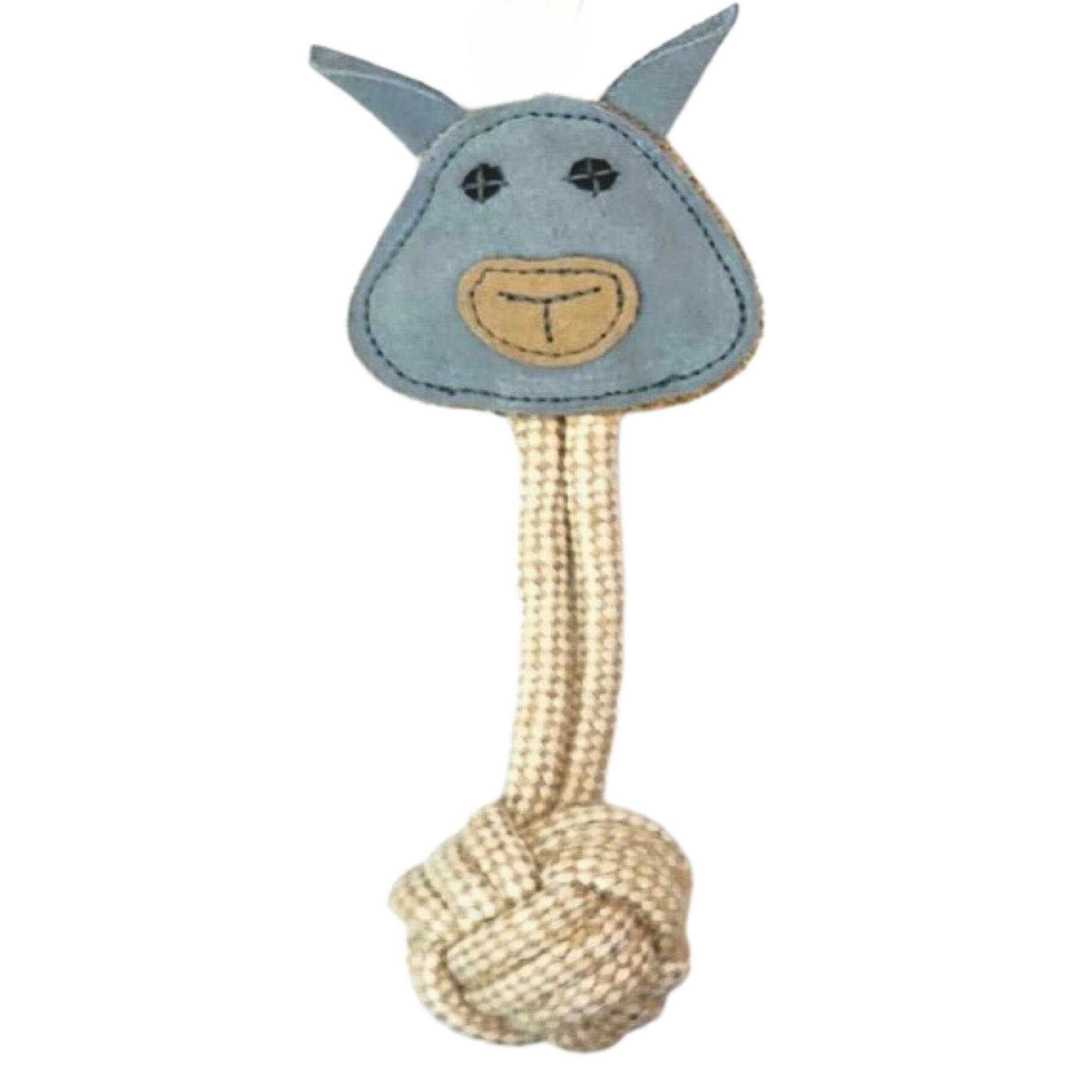 A compostable, cute dogtoy in the form of a Chambray Blue donkey toy with a rope attached to it by Georgie Paws.