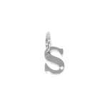 The Georgie Paws Initials - Collar Charms feature a stainless steel "S" with a paw print engraved at the bottom right and a top loop for attaching to bracelets or necklaces. Perfect dog gift; showcased on a plain white background.