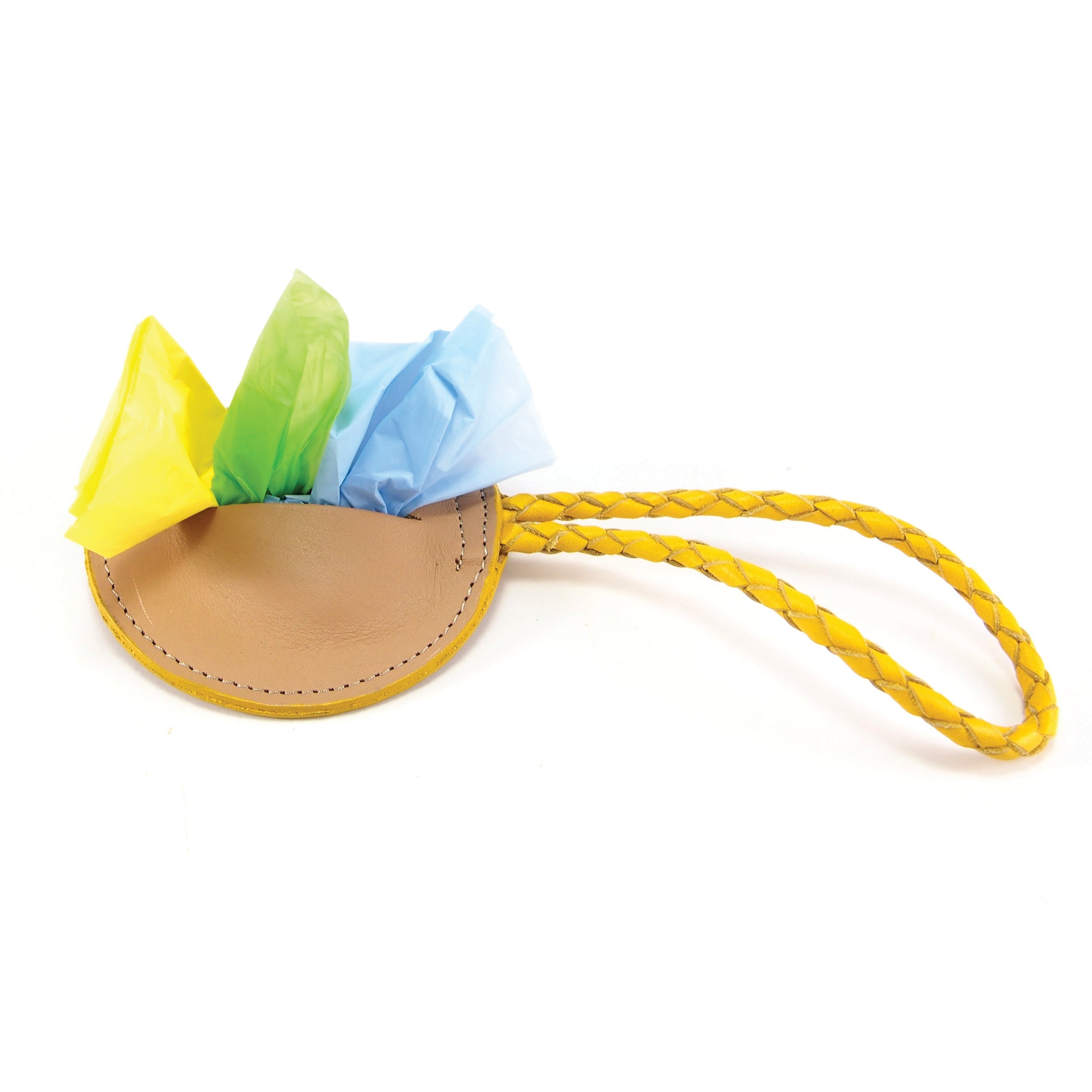 The Saucer Poo Bag Dispenser - Yellow LAST ONE! by Georgie Paws is a round, tan leather pouch featuring a braided yellow strap. It opens to reveal compostable poobags in yellow, green, and blue inside. The pouch is carefully stitched along the edges, with the strap designed as a loop for convenient carrying or attachment.