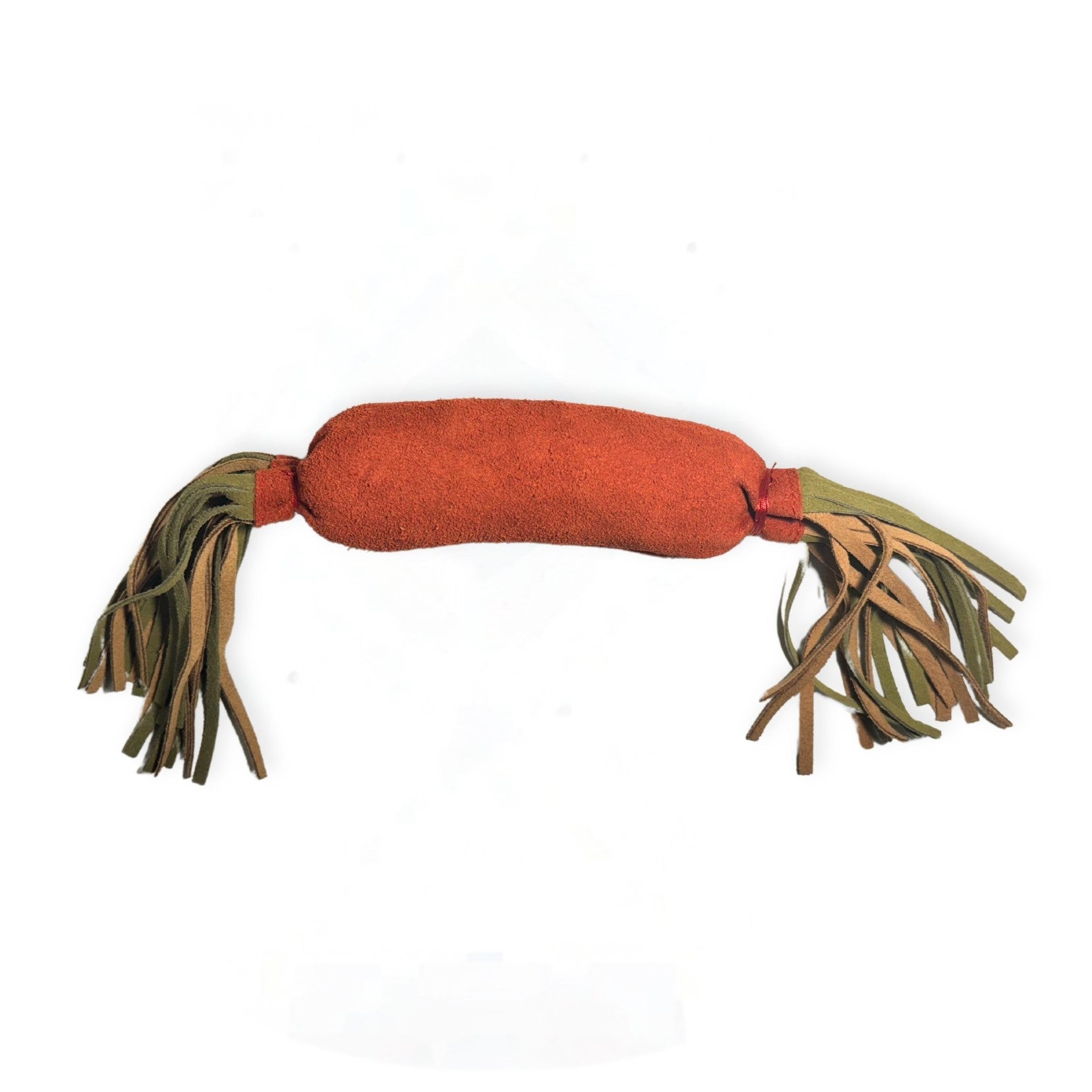 A Georgie Paws Sizzling Sausage plush dog toy shaped like a sausage with a textured buffalo suede center and dark green fringes at both ends, resembling tassels, against a white background.