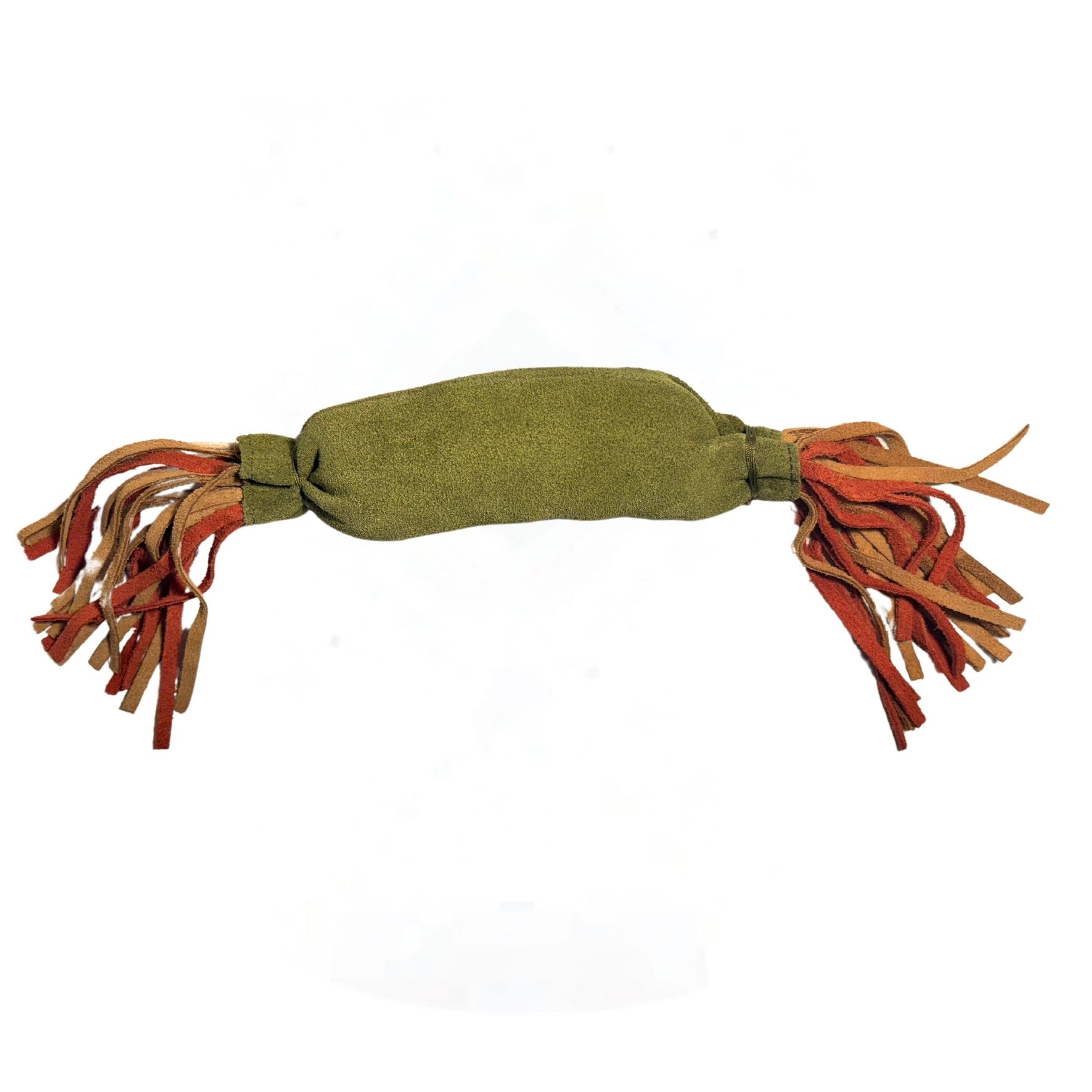 Sizzling Sausage - spinnach from Georgie Paws wrapped tightly into a cylindrical shape with fridges of red and orange fabric at both ends, resembling a traditional Native American medicine bundle, isolated on a white background.