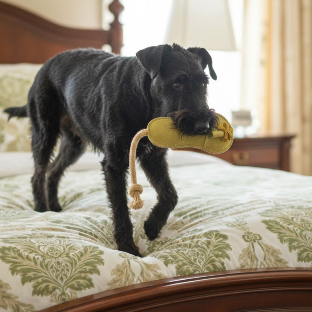 A black, wiry-haired dog stands on a bed with a green-and-white patterned comforter, holding the Sigrid Slipper - Pear by Georgie Paws in its mouth. The bed has a wooden headboard, and soft light streams in from a window in the background.