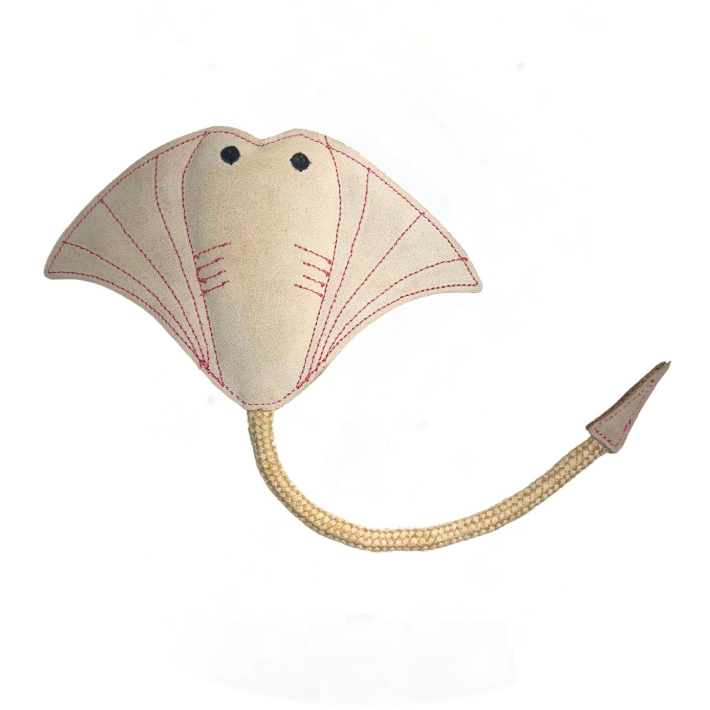 A plush Simon the Stingray - chalk toy by Georgie Paws with a beige buffalo suede body, subtle pink accents on top, and a friendly face, complete with a long, rope-like tail ending in a pointed tip.