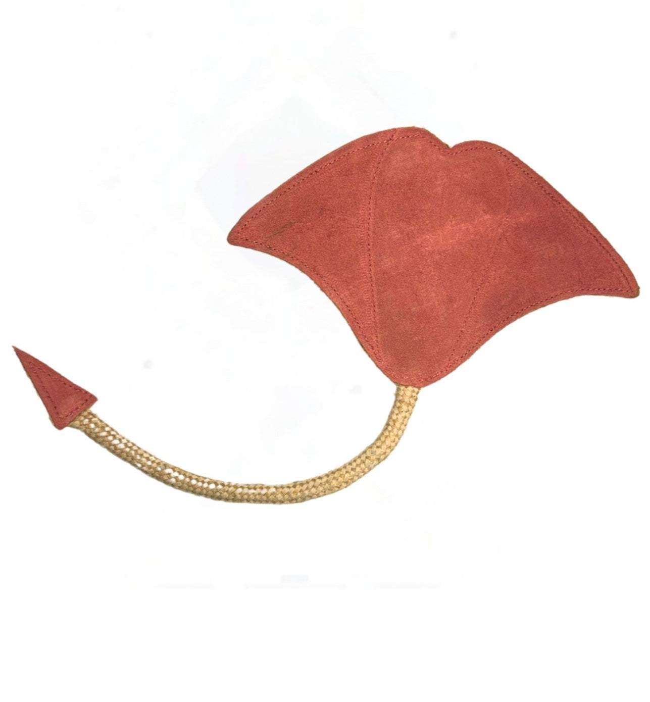 A whimsical Simon the Stingray - chalk hat with a long, pointed tail and buffalo suede trim, resembling a stylized depiction of a devil or imp, floats against a white background, evoking a playful or costume atmosphere by Georgie Paws.