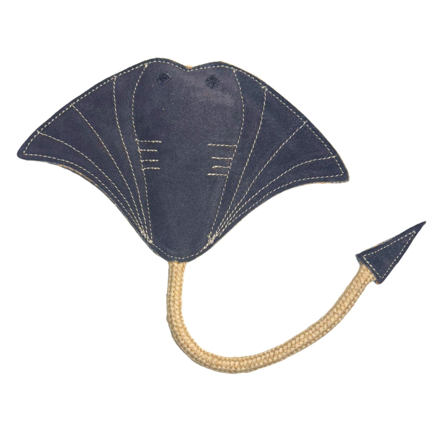 A Simon the Stingray - navy kite by Georgie Paws with intricate blue and white design details, featuring a long, coconut fiber rope as its tail against a white background.