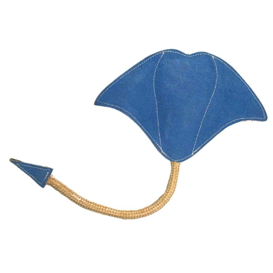 A toy resembling Simon the Stingray - navy with a buffalo suede cord for a tail, designed for playful interaction, possibly for pets, displayed against a white background by Georgie Paws.