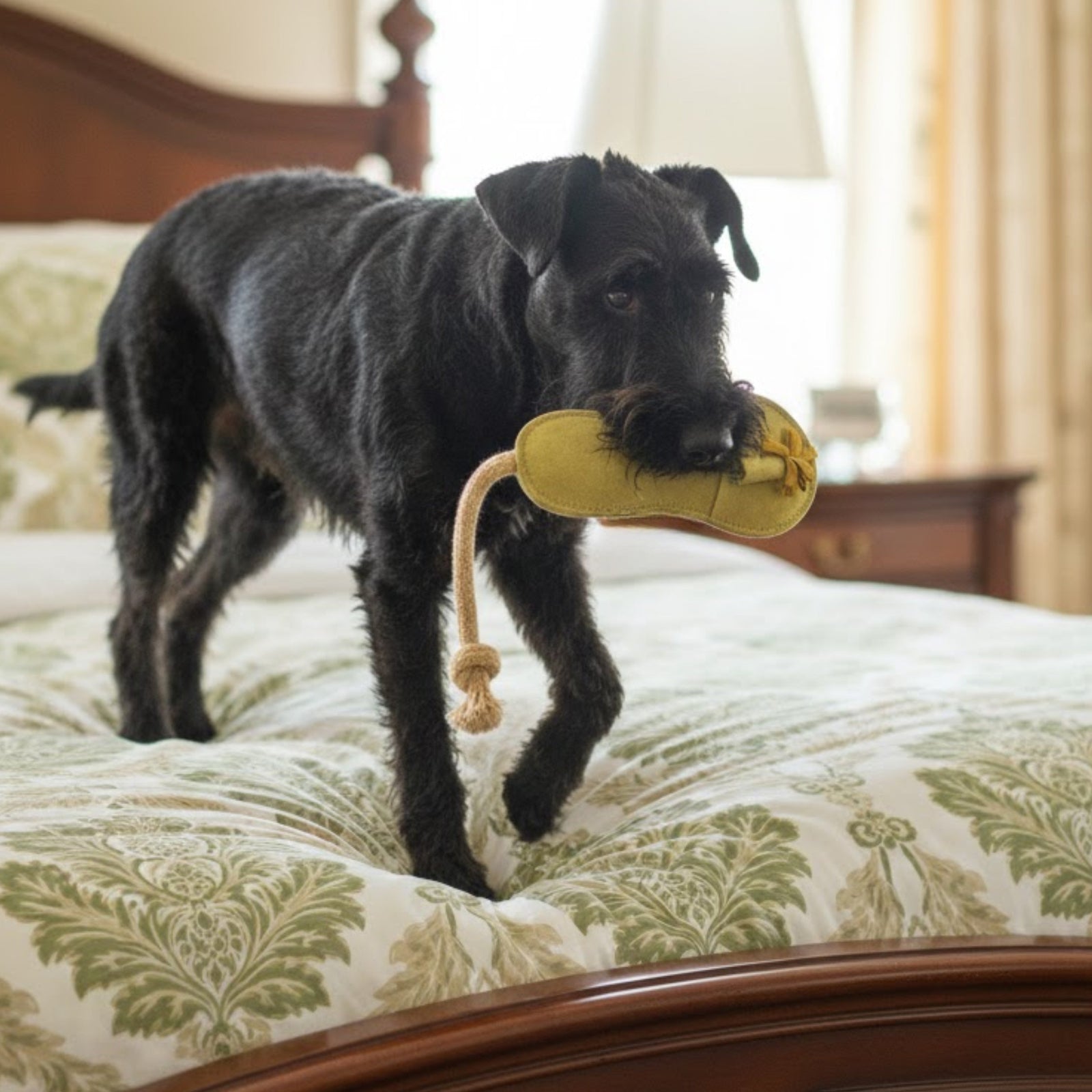 A second view of the Sigrid Slipper - Pear by Georgie Paws, a yellow-green suede toy shaped like a shoe, handmade from vegetable-tanned buffalo leather.