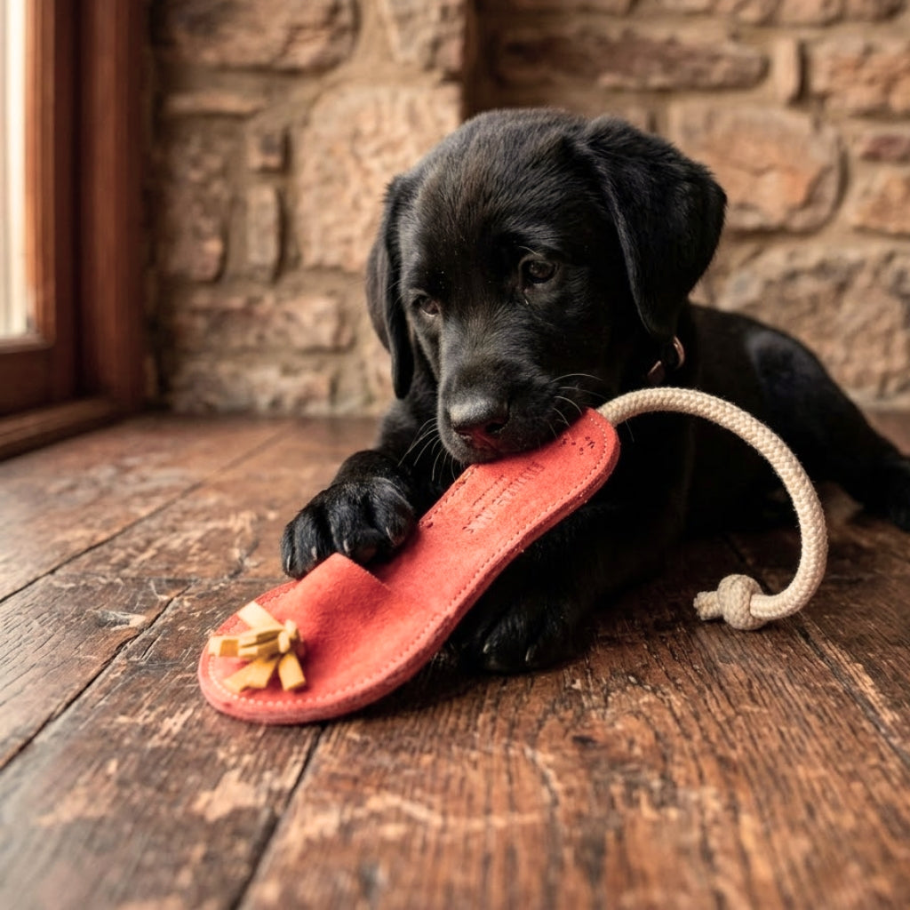 A close-up detail shot of the Sigrid Slipper - Red by Georgie Paws, showing the stitching and rope handle on this buffalo leather dog toy.