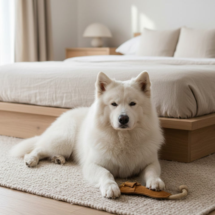 A fluffy white dog lounges on a beige rug in a sunlit, minimal bedroom, calmly resting one paw on the Sigrid Slipper - natural by Georgie Paws. Behind is a neatly made bed with neutral bedding and a wooden nightstand.